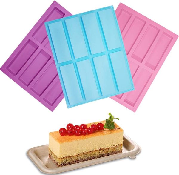 Moules rectangulaires en silicone à 8 cavités, flexibles et antiadhésifs, pour savon, barres énergétiques, barres de céréales, pour muffins, brownies, pain de maïs, cheesecake, pudding, gâteau et savon