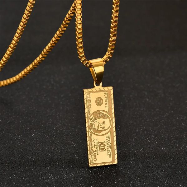 Colgante rectangular de billete de dólar estadounidense, collar de oro amarillo de 14k para hombres y mujeres de Hip Hop, joyería Vintage