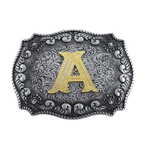 Rectangle Boucle de ceinture occidentale Lettres initiales ABCDMRJ à Z Cowboy Rodeo Small Gold Belt Buckles pour hommes femmes