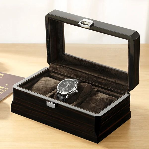 Caja de reloj de madera rectangular, almacenamiento de relojes de 3 bits, organizador, caja de presentación, caja de paquete, gabinete de vidrio, ataúd de madera de lujo para relojes 240127