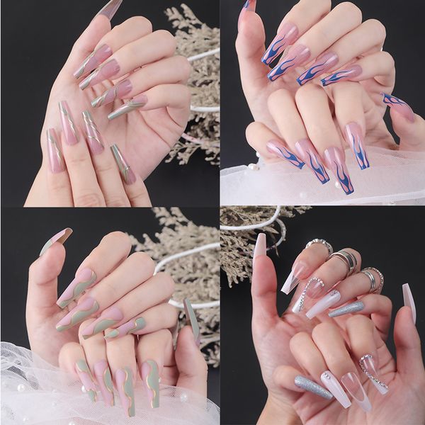 Faux ongles rectangulaires 24/ensemble, adaptés au joli cœur de mariée blanc, faux ongles français à petite pointe, kit de produits de nail art de style européen et américain