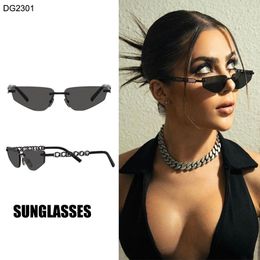 Gafas de sol rectangulares sin marco con forma de ojo de gato, gafas de sol de metal, conexión de letras en las patillas, gafas con montura dorada para hombres y mujeres, DG2301, conducción, vacaciones de ocio