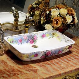Évier de lavabo chinois de style européen de forme rectangulaire Jingdezhen Art comptoir évier de salle de bain en céramique éviers en porcelaine peinte