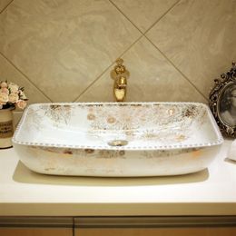 Fregadero de lavabo chino de estilo europeo de forma Rectangular, encimera de arte Jingdezhen, lavabo de cerámica para baño, fregadero de cerámica 3432
