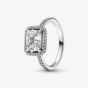 Bague Halo Rectangulaire Étincelante pour Pandora Authentique Bagues de Mariage en Argent Sterling Designer Bijoux Pour Femmes Bague de Luxe en Diamant de Cristal avec Boîte d'Origine