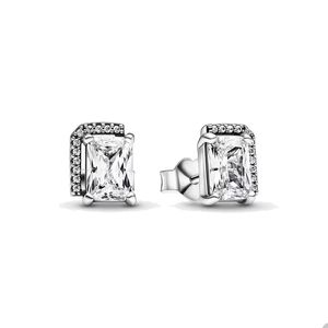 Boucles d'oreilles rectangulaires scintillantes Halo pour Pandora Real Sterling Silver Jewelry Designer Boucles d'oreilles pour femmes Crystal Diamond Boucles d'oreilles de luxe avec boîte d'origine