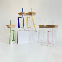 Tasse en verre carré transparent recyclable de 13,5 oz 400 ml, tasses en verre à haute teneur en borosilicate avec paille en verre colorée pour l'eau, le vin, la bière, les cocktails et les boissons mélangées