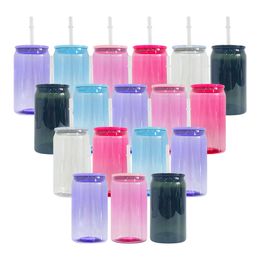 Recyclebaar BPA-vrij helder transparant 5 kleuren gemengd koud drankje Koffiemok 16oz gekleurd doorzichtig plastic blik met pp-deksels voor UV DTF-wraps op voorraad 60 stks / doos