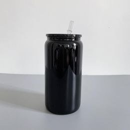 Lata de vidrio para bebidas frías, cerveza, café, cerveza, café, borosilicato, negro brillante sólido reciclable, 16 oz, con tapas de plástico PP y pajita para envolturas y vinilo UV DTF