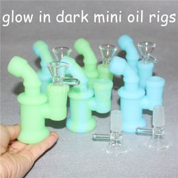 Recycler Hookahs Glow Silicone Bong Dab Rig Conduites D'eau Bongs 3,85 pouces Mini Bubbler Oil Rigs Amovible Incassable Percolateur Narguilé Bol En Verre