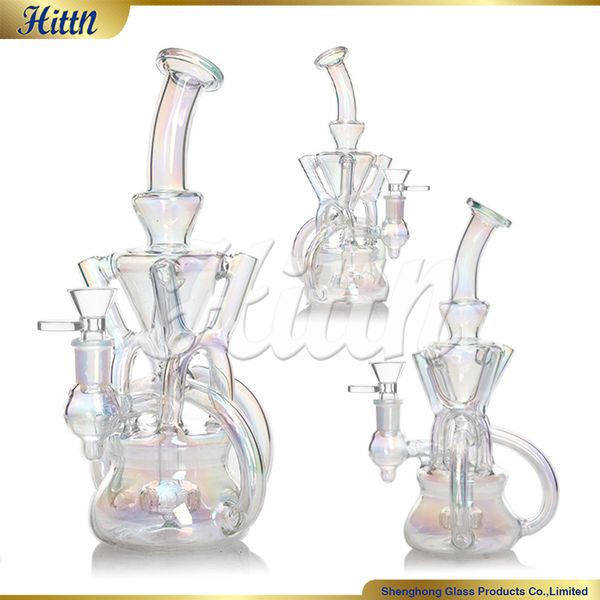 Recycler Dab Rig Glass Bong Tubería de agua Recycler Bong 9,5 pulgadas 14 mm Junta holográfica Rainbow Showerhead Perc Water Bong para fumar 2024 Nuevo