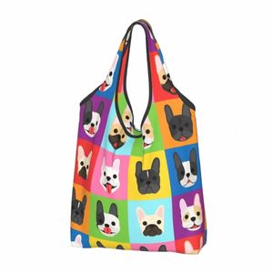 Recyclage Pop Art Style Bouledogue Français Visages Shop Sac Femmes Fourre-tout Portable Frenchies Chien Pet Cadeau Épicerie Shopper s P32v #