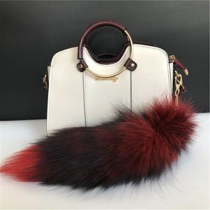 Rouge-100% véritable véritable queue de fourrure de renard porte-clés en peluche pompons Cosplay jouet porte-clés voiture porte-clés sac charme glands