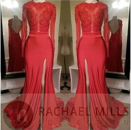 Rouge nouvelle sirène robes de soirée dentelle appliques manches longues côté haut fendu dos nu robes formelles élégant yousef aljasm