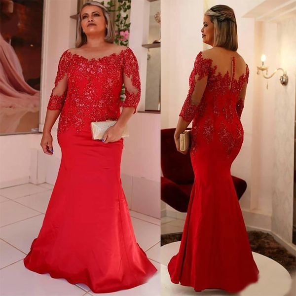 Vermelho Mangas compridas 3/4 Plus Size Vestido para ocasiões especiais Frisado Aplique de renda Bainha Bateau Vestidos de noite Vestido para mãe da noiva SD3448