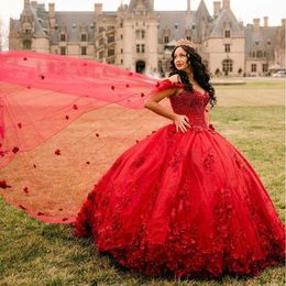 Vestidos rojos de quinceañera de princesa con flores en 3D, con capa y hombros descubiertos, corsé con cordones, vestido de fiesta para 15 niñas