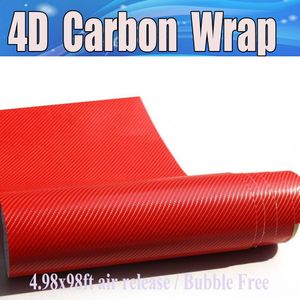 Vinilo de fibra de carbono 4D rojo, película de fibra de carbono realista para revestimiento para coche, sin burbujas de aire, tamaño de piel de cobertura automática, 1,52x30m