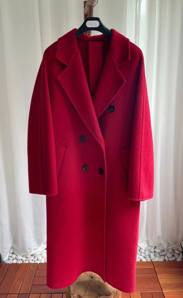 Manteau de fourrure rouge 90% laine de mouton 101801 MMax madame mélanges manteaux longs en laine pour femmes à double boutonnage avec ceinture