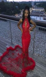 Red African 2K19 Mermaid Prom Dresses Feather Sequine Sexy Mermaid Vestido de noche Train Ve a través de un cóctel sin espalda 2627200