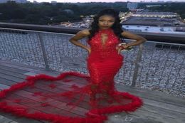 Red African 2K19 Mermaid Prom Dresses Feather Sequined Sexy Mermaid Vestido de noche Train Ve a través de un cóctel sin espalda 5087039