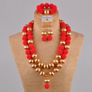 Perles de mariage africaines rouges 24 pouces, collier de perles simulées, ensembles de bijoux de mariée nigériane FZZ40332Y