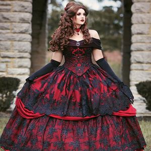 Rood en Zwart Kasteel Prinses Trouwjurk Gothic Vintage Baljurk Off Shoulder Kralen Kant Bruidsjurken Corset Back263M