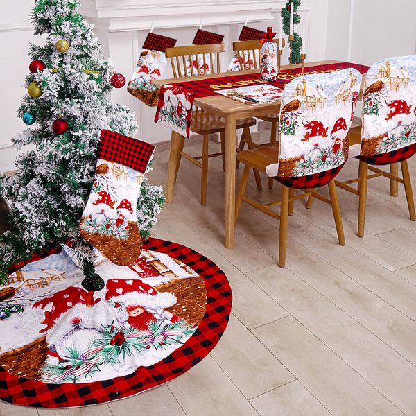 Delantal de falda de árbol de Navidad a cuadros rojo y negro calcetines de Navidad conjunto de manteles decoraciones para el hogar