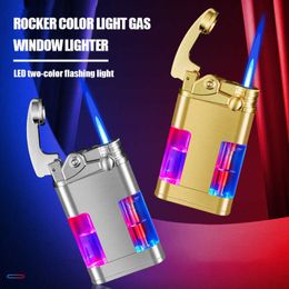 Rood En Blauw Flash Transparant Gas Venster Rechte Punch Aansteker Creatieve Persoonlijkheid Tij Metalen Opblaasbare Gift G3V8Without