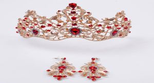 Rood en donkergroen kristal op gouden kroon Elegante bruidshaaraccessoires met oorbellen Prinsessenkroon Vintage meisjeshoofddeksels6315153