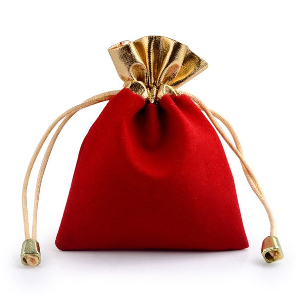 Bolsa de regalo de pana roja y dorada para paquete de joyería, bolsa con cordón de tela de terciopelo, diferentes tamaños, venta al por mayor, 100 piezas
