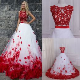 Robe de bal rouge et blanche robes de bal deux pièces nouveau pas cher bijou cou dentelle appliques 3D fleurs florales tulle longue robe de soirée formelle 328 328
