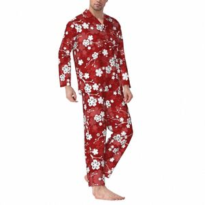 Rode En Witte Bloemen Nachtkleding Herfst Kersenbloesem Casual Oversize Pyjama Sets Man LG Mouw Comfortabele Slaapkamer Nachtkleding d51U #