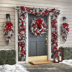 Couronne de porte d'entrée rouge et blanche, décoration de noël pour maison et Restaurant