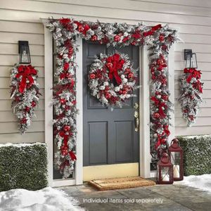 Couronne de porte d'entrée rouge et blanche, garniture de vacances, décoration de noël pour maison et Restaurant H1112