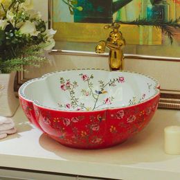 Rouge et blanc Jingdezhen salle de bain évier en céramique lavabo comptoir lavabo éviers oiseau flowergood qté Btdnw