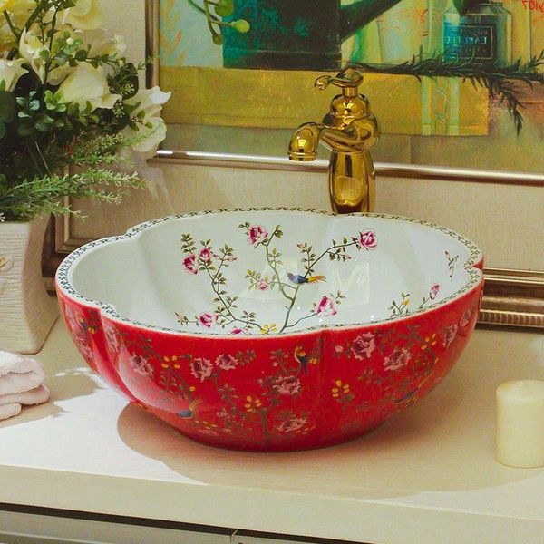 Lavabo de lavabo de cerámica para baño Jingdezhen rojo y blanco