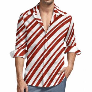 Línea roja y blanca Camisas casuales Camisa masculina de la raya del bastón de caramelo Manga LG Fi Street Style Blusas Ropa de otoño Tamaño grande 99nr #