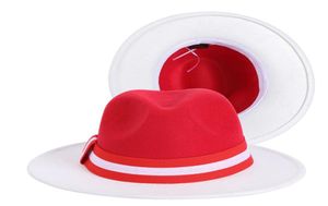 Patchwork rouge et blanc Fedoras Jazz Top Hat Women Flat Brim Outdoor Protection Hat Party Church Panama Felted Cap7802976