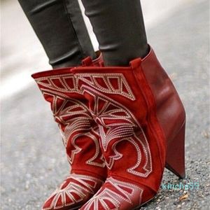 Bottes de cowboy en daim brodées à la cheville rouges, pour femmes, pour l'automne