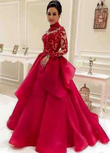 Rode applique kant hoge hals lange mouwen Arabische formele prom avondfeest jurken robe de mariage