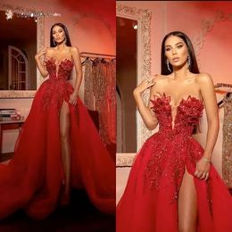 Rouge Arabe Aso Ebi Dentelle Élégant Luxueux Robes De Bal Perles Cristaux Sexy Soirée Formelle Deuxième Réception Robes Robe