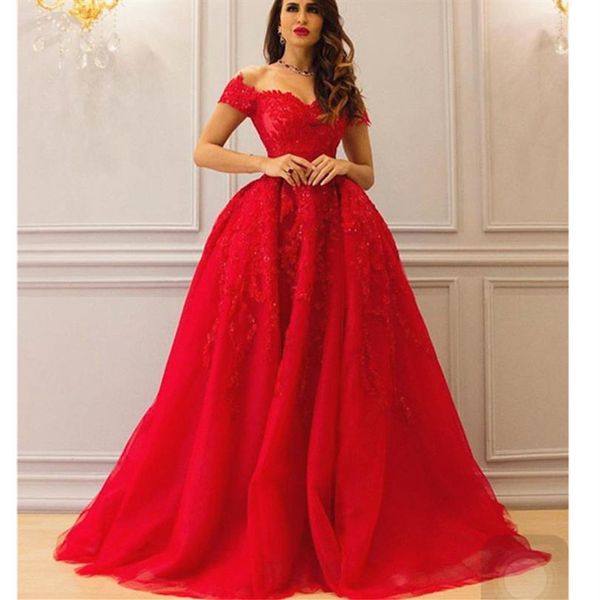 Robes de soirée en dentelle arabe rouge tenues de soirée hors de l'épaule robes de soirée à paillettes Dubaï une ligne Tulle Appliques robe de bal231Q