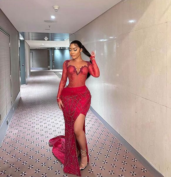 Rojo Aso Ebi vestidos de noche africanos sirena manga larga lentejuelas con cuentas largo Dubai Arabia Saudita negro niñas vestido de noche graduación