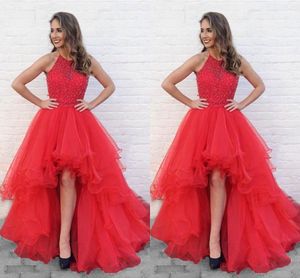 Tren rojo asimétrico Nuevos vestidos de baile Halter top Con cuentas Organza Ruffle Vestido para ocasiones especiales Vestidos de noche elegantes formales 2019 Personalizados