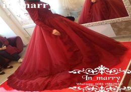 Robe de bal rouge islamique musulman jupe de soirée robes col haut manches longues dentelle Vintage grande taille Abayas caftan formel bal Gow5060999