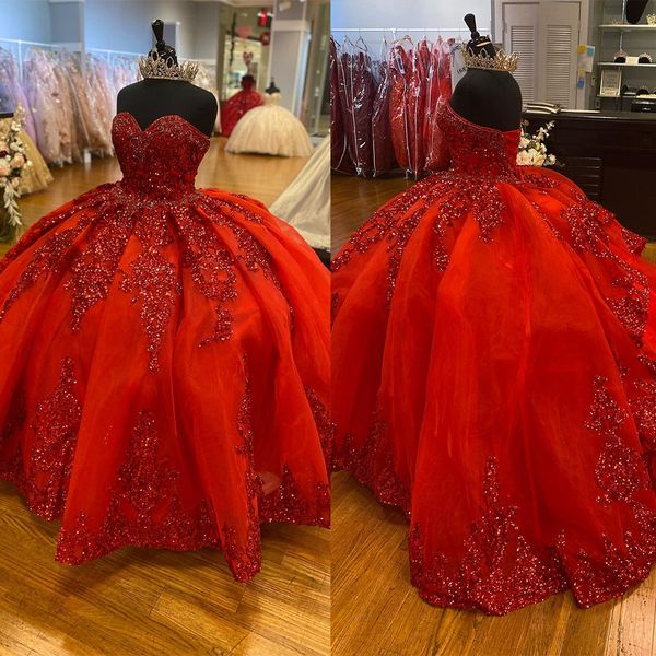 Robe de bal rouge robe de bal perles paillettes col en coeur doux 15 16 robes de soirée Quinceanera fête d'anniversaire robes d'occasion spéciale