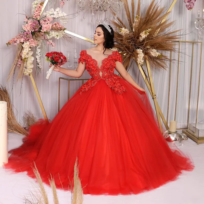Robe De Boules Rouge Quinceanera Robes 2021 Scoop Col Tulle Doux Fleurs