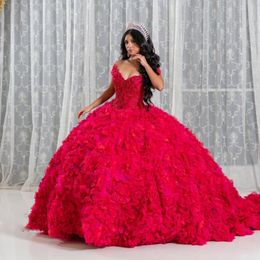 Rode Baljurk Quinceanera Jurken Uit De Schouder Kant Kralen Kristal Tull Tiered Corset Sweet 16 Vestidos De 15 Anos