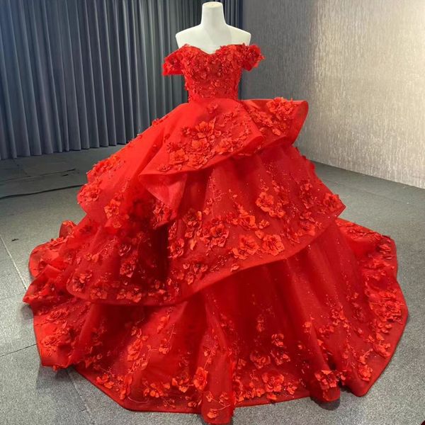 Robe De Bal Rouge Robes De Quinceanera Volants À Volants 3D Fleurs Florales Femmes Douce 16 Robe De Soirée Formelle Robe De Soirée Élégante Longue Robes De Bal