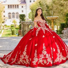 Robes De Bal Rouge Robes De Quinceanera Perles De L'épaule Appliques Arc Avec Cape Chérie Dentelle Partie Princesse Robes De Fiesta